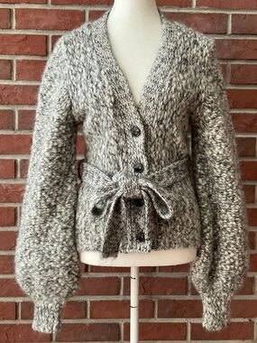 Ganni Melange Alpaca Wool Blend Balloon Sleeves Belted Cardigan Size S NEW